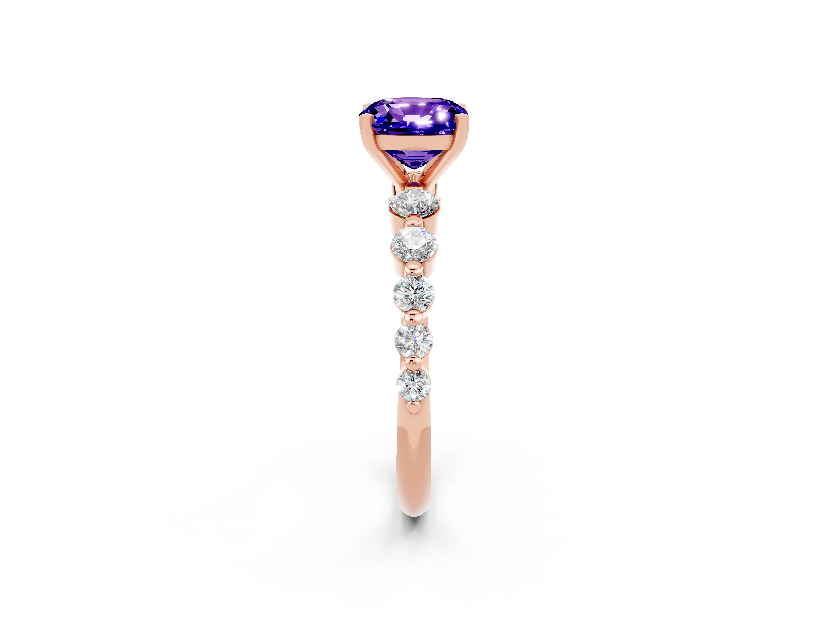 Rose gold Cushion Cut Solitaire Tanzanite Ring with Pave Band and Four-Prong Setting_2
