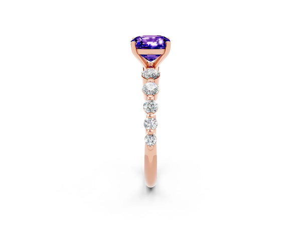 Rose gold Cushion Cut Solitaire Tanzanite Ring with Pave Band and Four-Prong Setting
