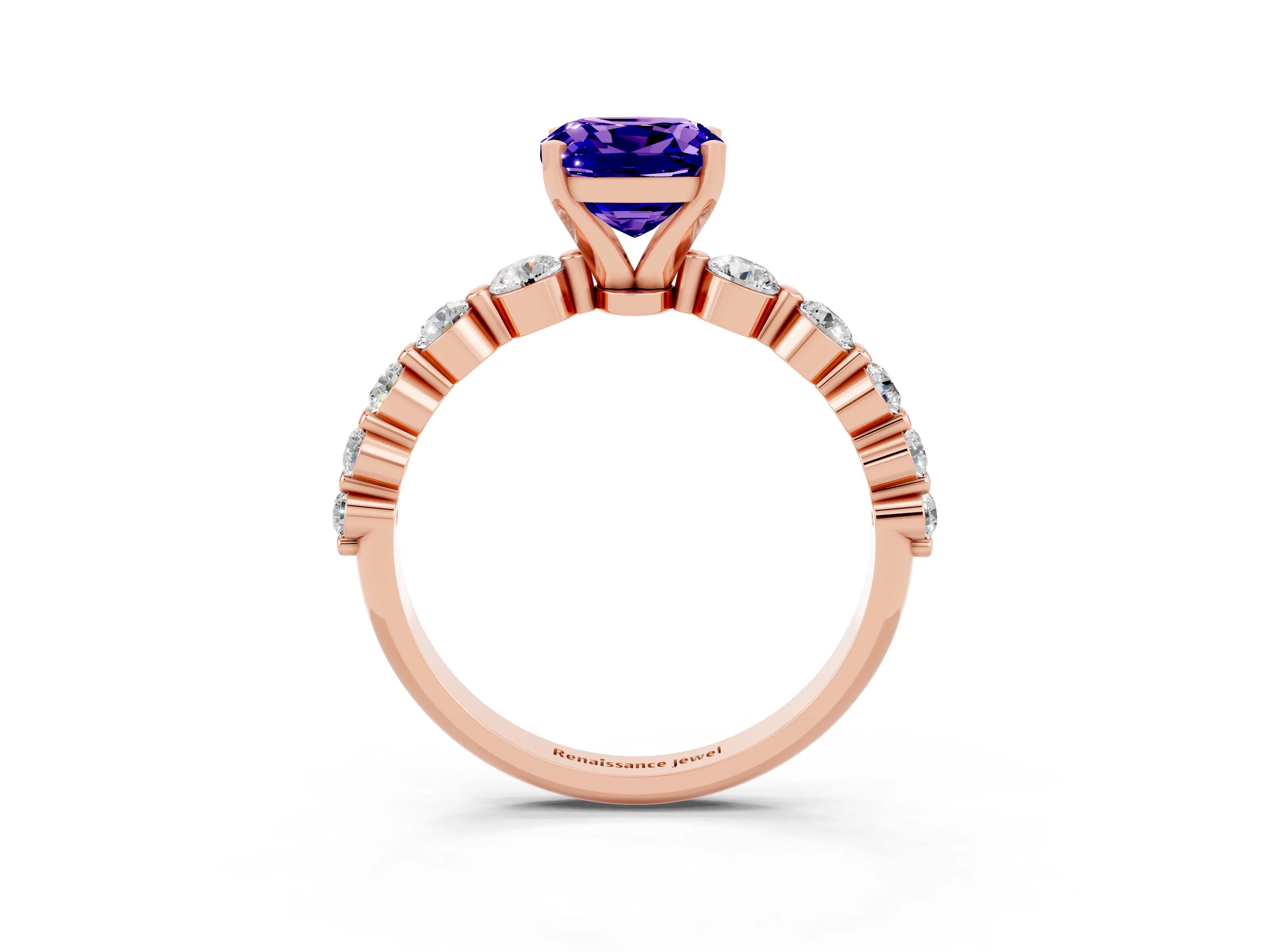 Rose gold Cushion Cut Solitaire Tanzanite Ring with Pave Band and Four-Prong Setting_3