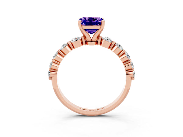 Rose gold Cushion Cut Solitaire Tanzanite Ring with Pave Band and Four-Prong Setting