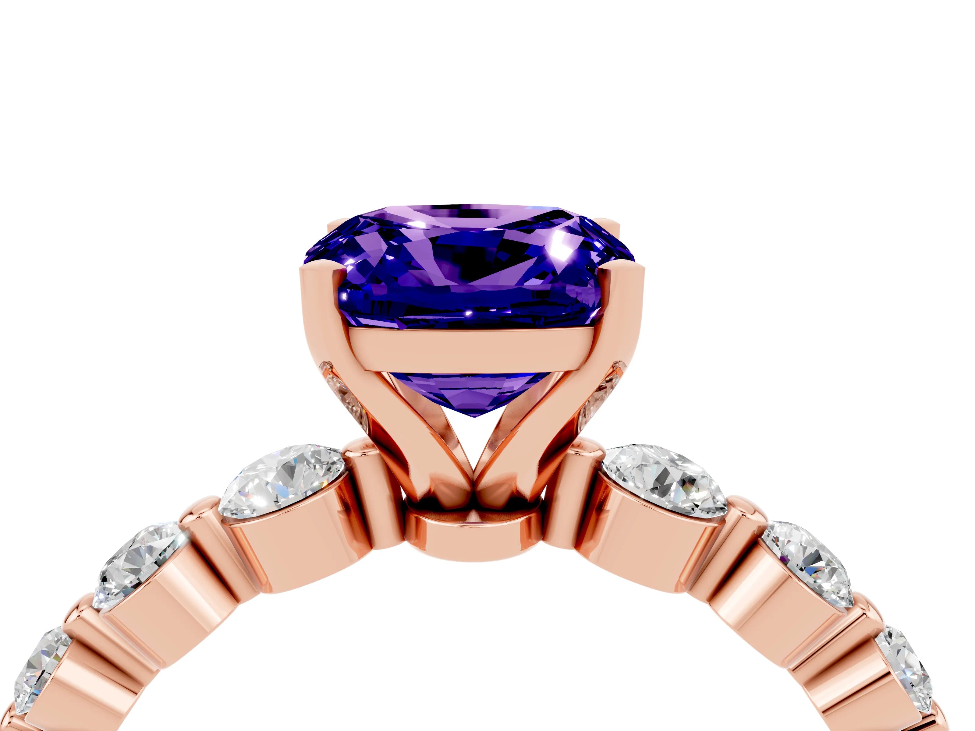 Rose gold Cushion Cut Solitaire Tanzanite Ring with Pave Band and Four-Prong Setting_4
