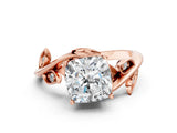 Rose gold Cushion Cut Solitaire Twist Engagement Ring with Leaf Accents and Prong Setting_15