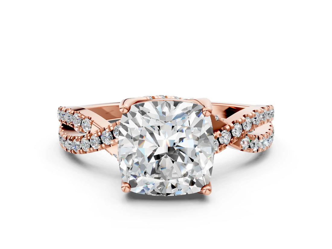 Rose gold Cushion Cut Solitaire Twist Pave Diamond Engagement Ring with Prong Setting_15