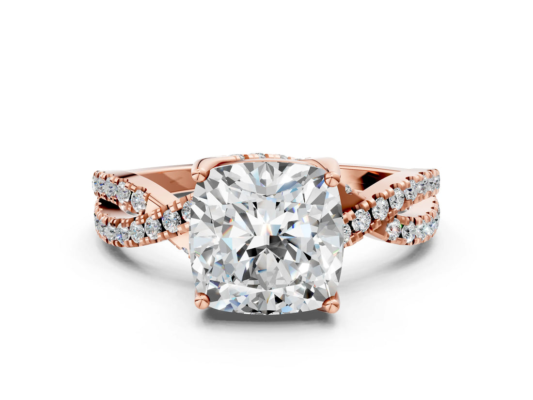 Rose gold Cushion Cut Solitaire Twist Pave Diamond Engagement Ring with Prong Setting_27