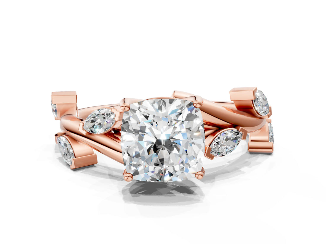 Rose gold Cushion Cut Solitaire Twisted Band Marquise Accent Prong Setting Ring_15