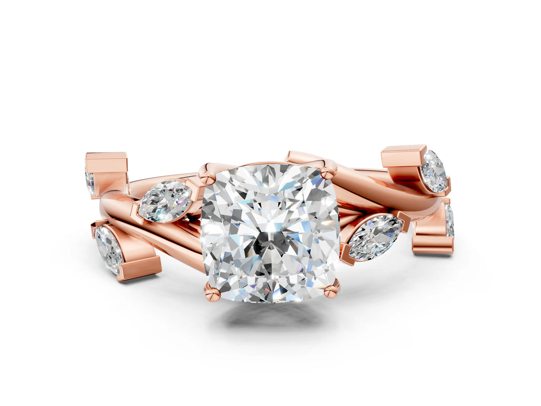 Rose gold Cushion Cut Solitaire Twisted Band Marquise Accent Prong Setting Ring_3