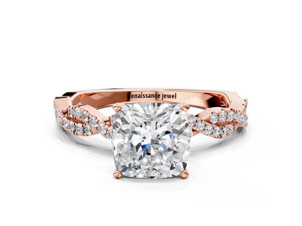 Rose gold Cushion Cut Solitaire Twisted Pave Band with Four-Prong Setting