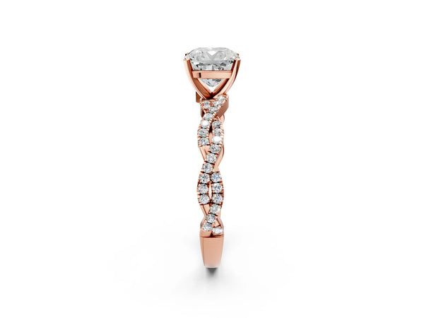 Rose gold Cushion Cut Solitaire Twisted Pave Band with Four-Prong Setting