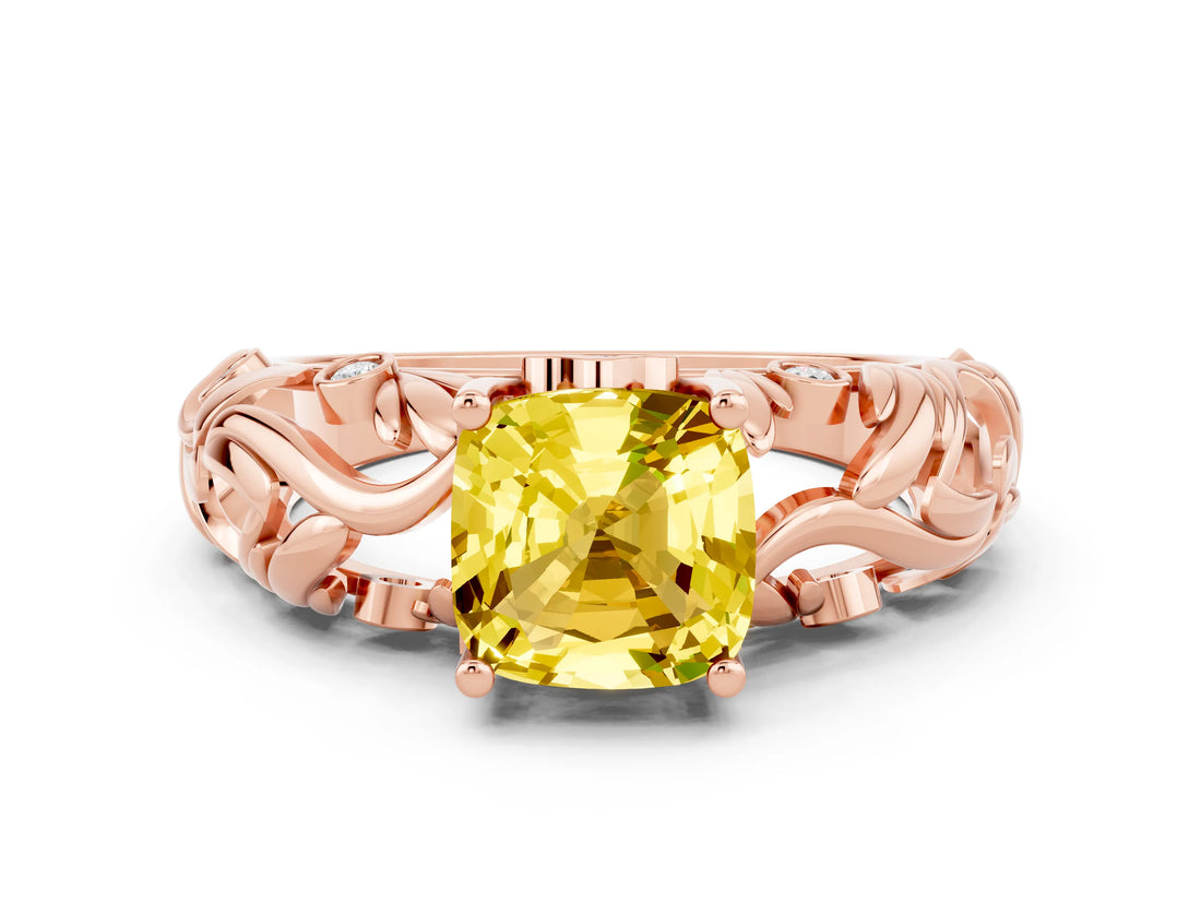 Rose gold Cushion Cut Solitaire Yellow Sapphire Leaf-Inspired Vine Band Ring with Prong Setting_24