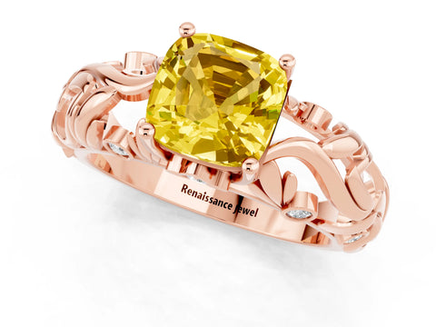 Rose gold Cushion Cut Solitaire Yellow Sapphire Leaf-Inspired Vine Band Ring with Prong Setting_25