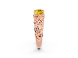 Rose gold Cushion Cut Solitaire Yellow Sapphire Leaf-Inspired Vine Band Ring with Prong Setting_26