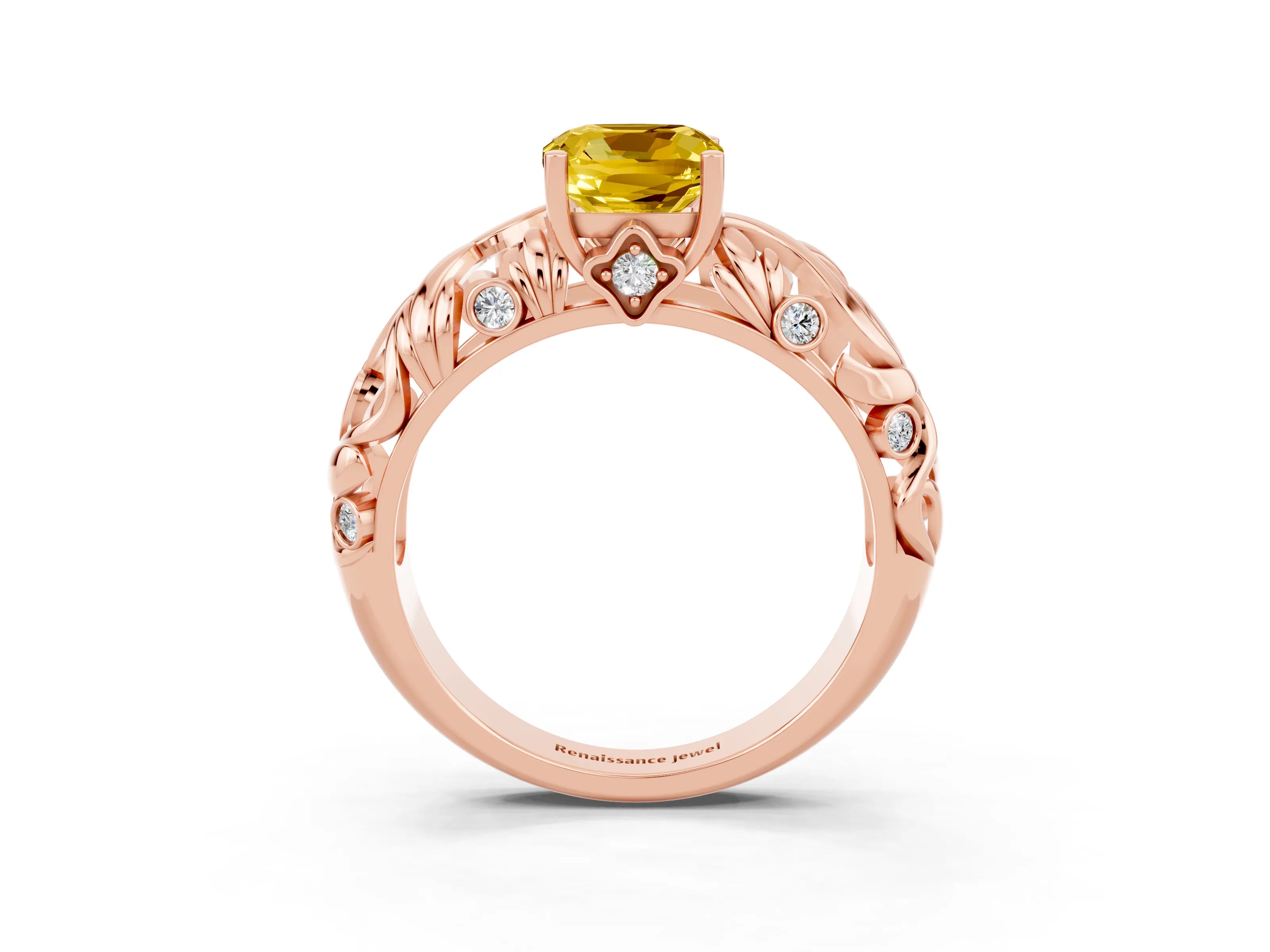 Rose gold Cushion Cut Solitaire Yellow Sapphire Leaf-Inspired Vine Band Ring with Prong Setting_27