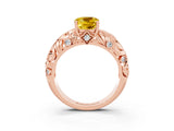 Rose gold Cushion Cut Solitaire Yellow Sapphire Leaf-Inspired Vine Band Ring with Prong Setting_27