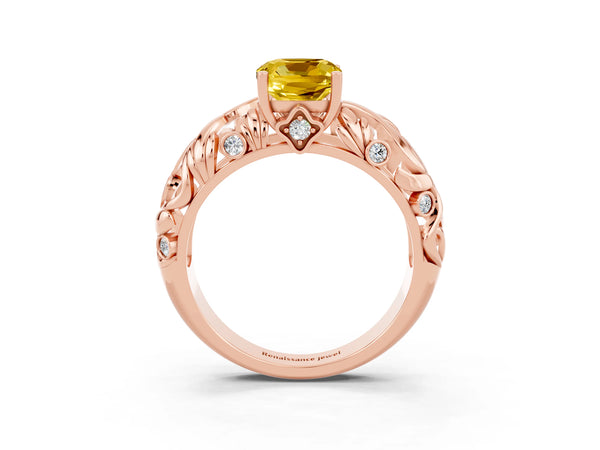Rose gold Cushion Cut Solitaire Yellow Sapphire Leaf-Inspired Vine Band Ring with Prong Setting