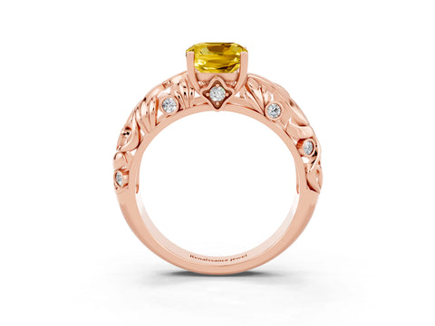 Rose gold Cushion Cut Solitaire Yellow Sapphire Leaf-Inspired Vine Band Ring with Prong Setting_27