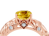Rose gold Cushion Cut Solitaire Yellow Sapphire Leaf-Inspired Vine Band Ring with Prong Setting_28