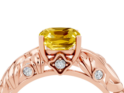 Rose gold Cushion Cut Solitaire Yellow Sapphire Leaf-Inspired Vine Band Ring with Prong Setting_28