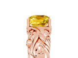 Rose gold Cushion Cut Solitaire Yellow Sapphire Leaf-Inspired Vine Band Ring with Prong Setting_29