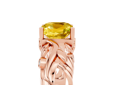 Rose gold Cushion Cut Solitaire Yellow Sapphire Leaf-Inspired Vine Band Ring with Prong Setting_29