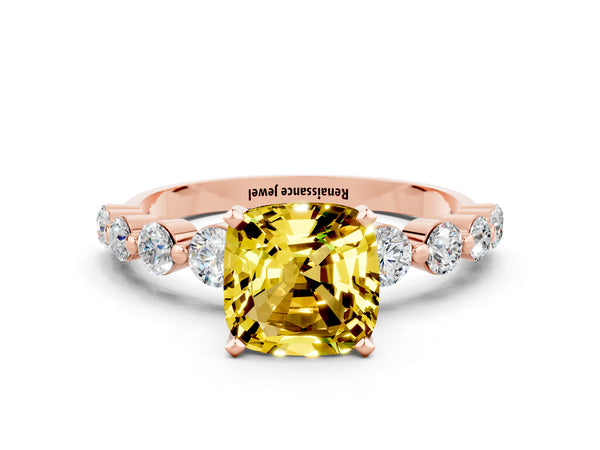 Rose gold Cushion Cut Solitaire Yellow Sapphire Ring with Pave Band and Four-Prong Setting