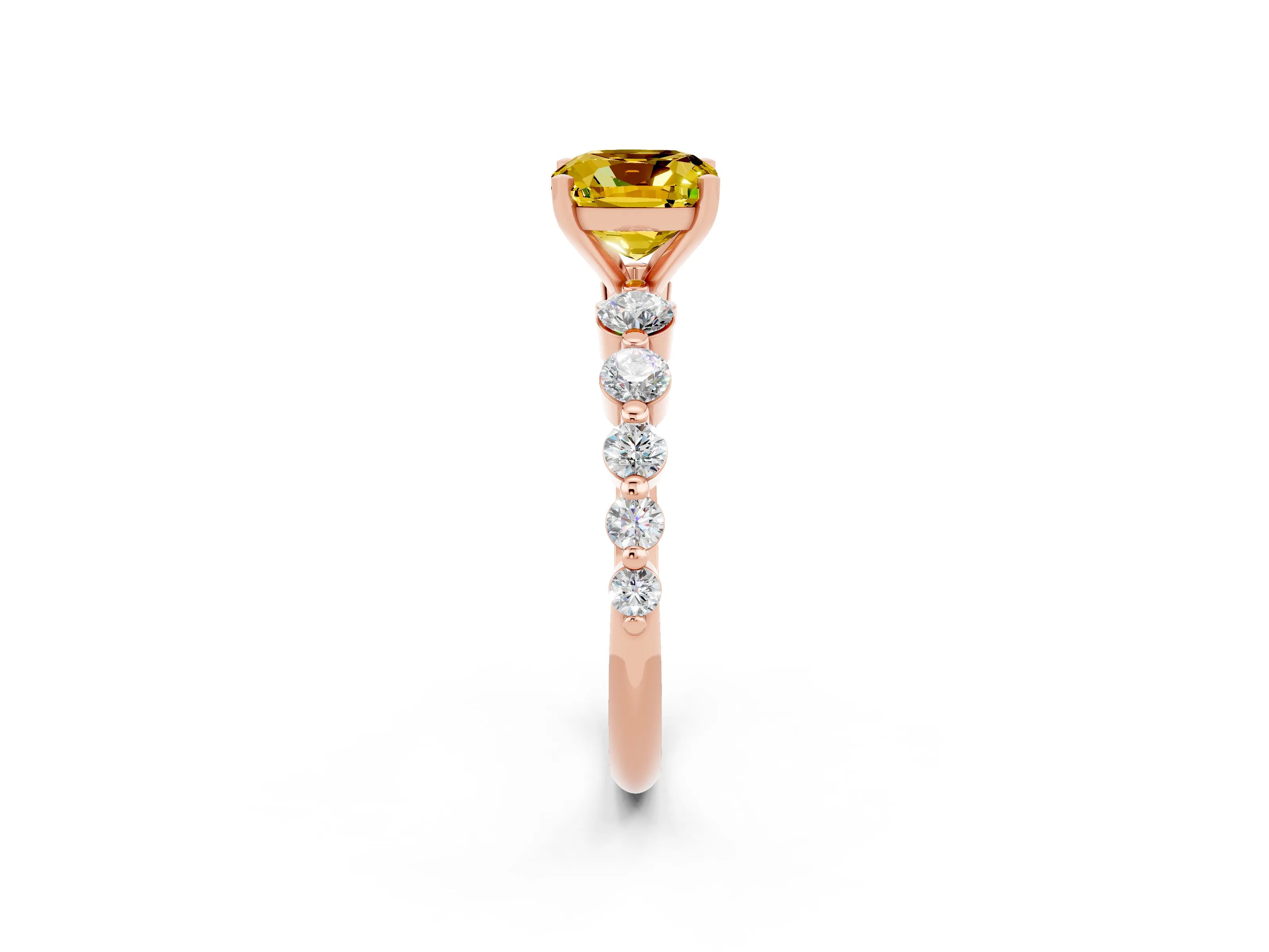 Rose gold Cushion Cut Solitaire Yellow Sapphire Ring with Pave Band and Four-Prong Setting_26