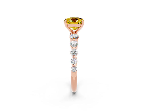 Rose gold Cushion Cut Solitaire Yellow Sapphire Ring with Pave Band and Four-Prong Setting