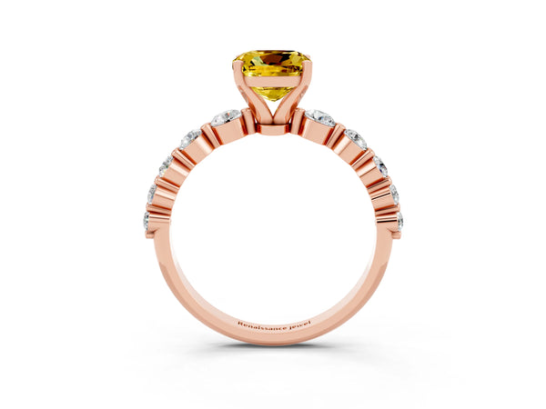 Rose gold Cushion Cut Solitaire Yellow Sapphire Ring with Pave Band and Four-Prong Setting