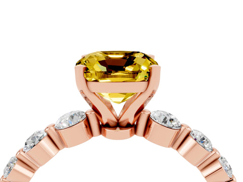 Rose gold Cushion Cut Solitaire Yellow Sapphire Ring with Pave Band and Four-Prong Setting_28