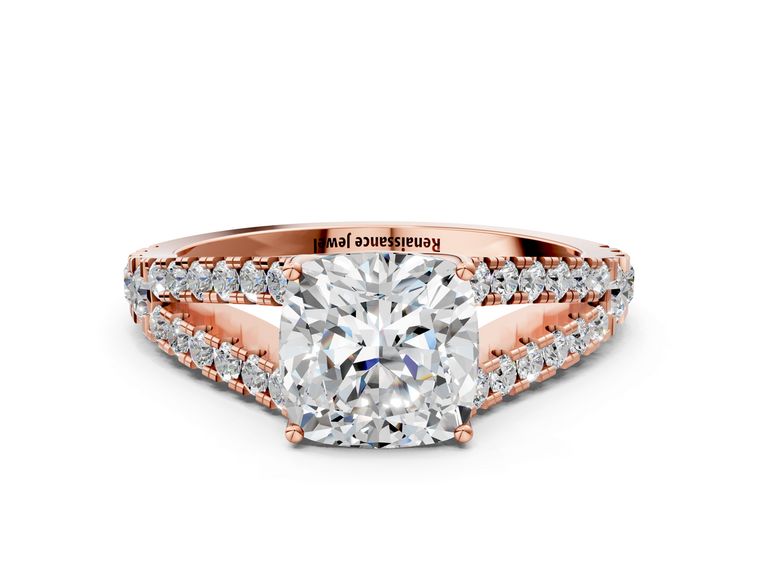Rose gold Cushion Cut Split Shank Pave Diamond Engagement Ring with Four-Prong Setting_28