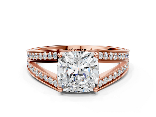 Rose Gold Cushion Cut Split Shank Engagement Ring Setting with Pave Band and Engraved Sides