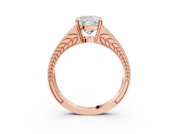 Rose Gold Cushion Cut Split Shank Engagement Ring Setting with Pave Band and Engraved Sides