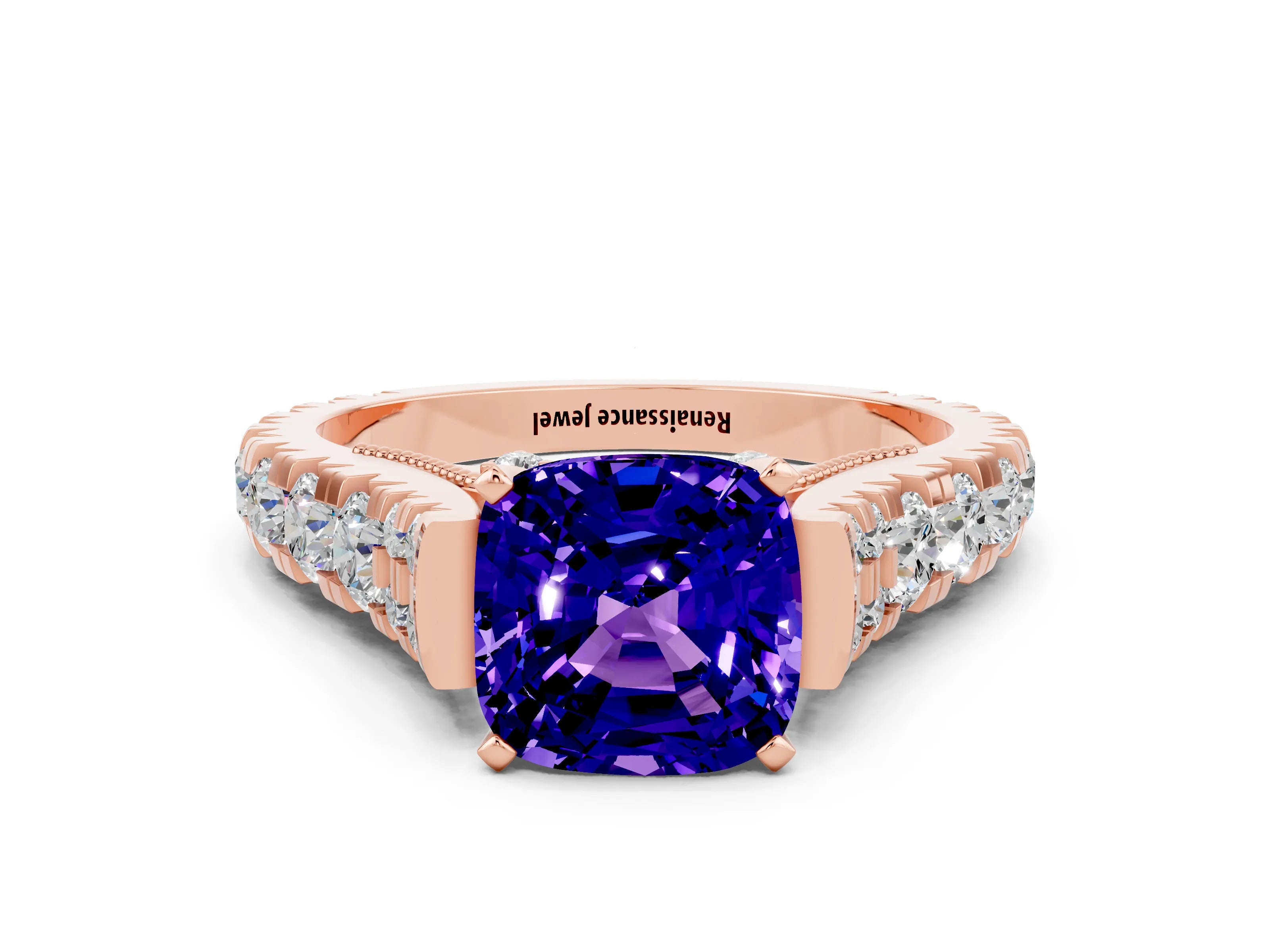 Rose gold Cushion Cut Tanzanite Classic Solitaire Ring with Pavé Band and Four-Prong Setting