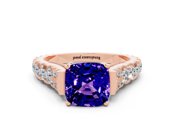 Rose gold Cushion Cut Tanzanite Classic Solitaire Ring with Pavé Band and Four-Prong Setting