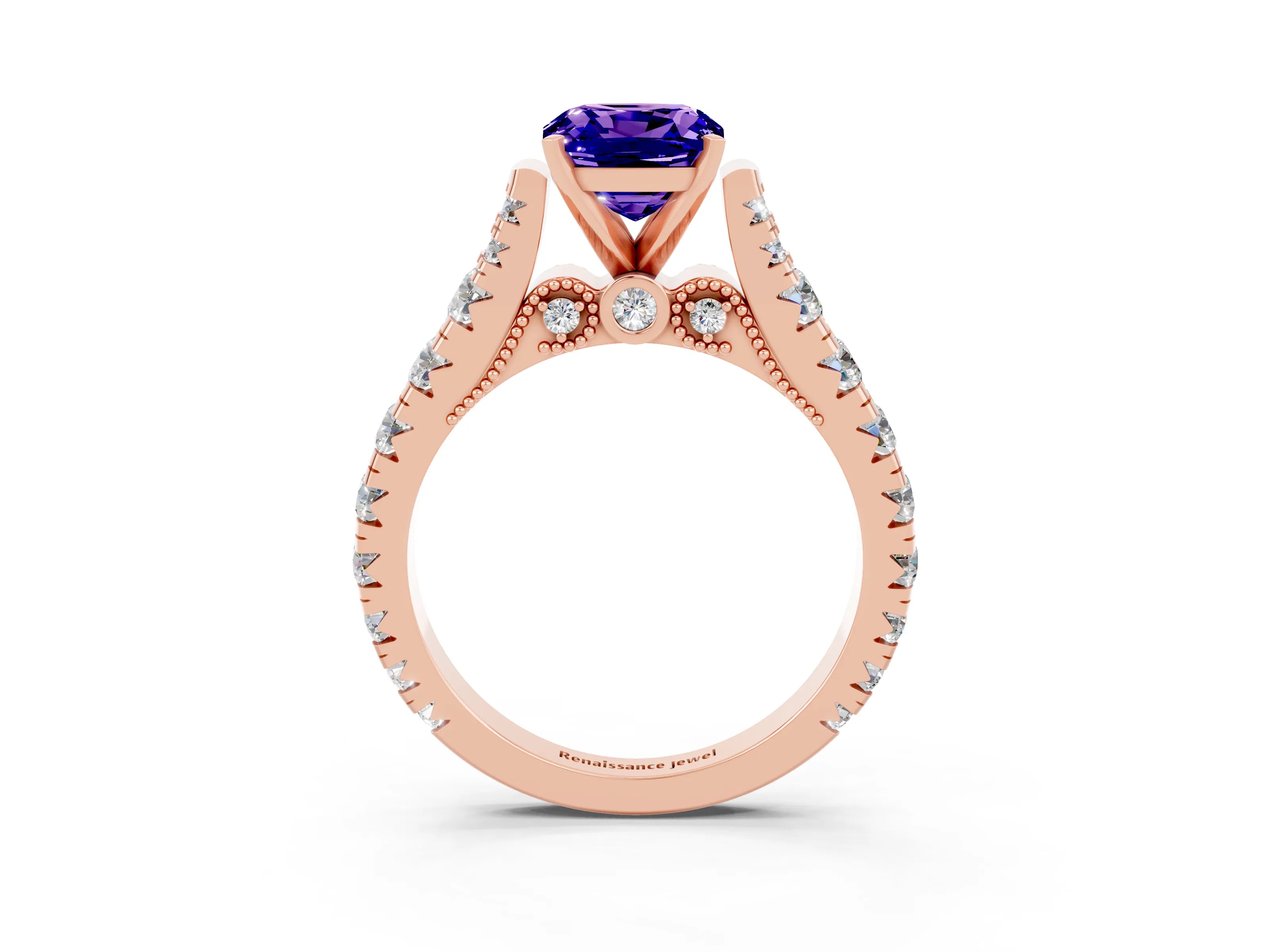 Rose gold Cushion Cut Tanzanite Classic Solitaire Ring with Pavé Band and Four-Prong Setting_3