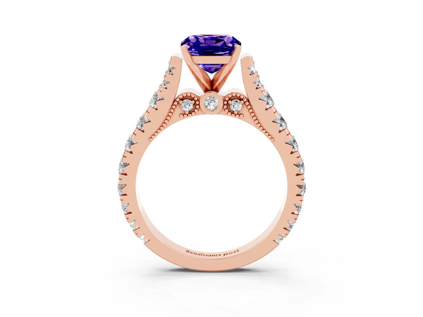 Rose gold Cushion Cut Tanzanite Classic Solitaire Ring with Pavé Band and Four-Prong Setting