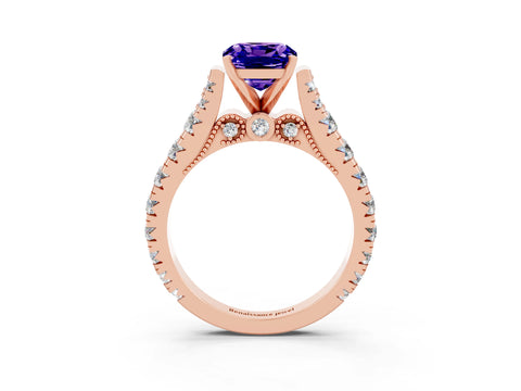 Rose gold Cushion Cut Tanzanite Classic Solitaire Ring with Pavé Band and Four-Prong Setting_3