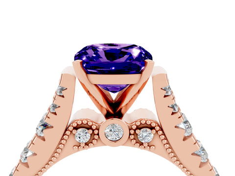 Rose gold Cushion Cut Tanzanite Classic Solitaire Ring with Pavé Band and Four-Prong Setting_4