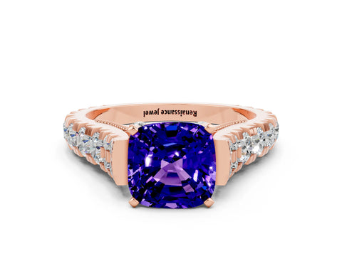 Rose gold Cushion Cut Tanzanite Classic Solitaire Ring with Pavé Band and Four-Prong Setting
