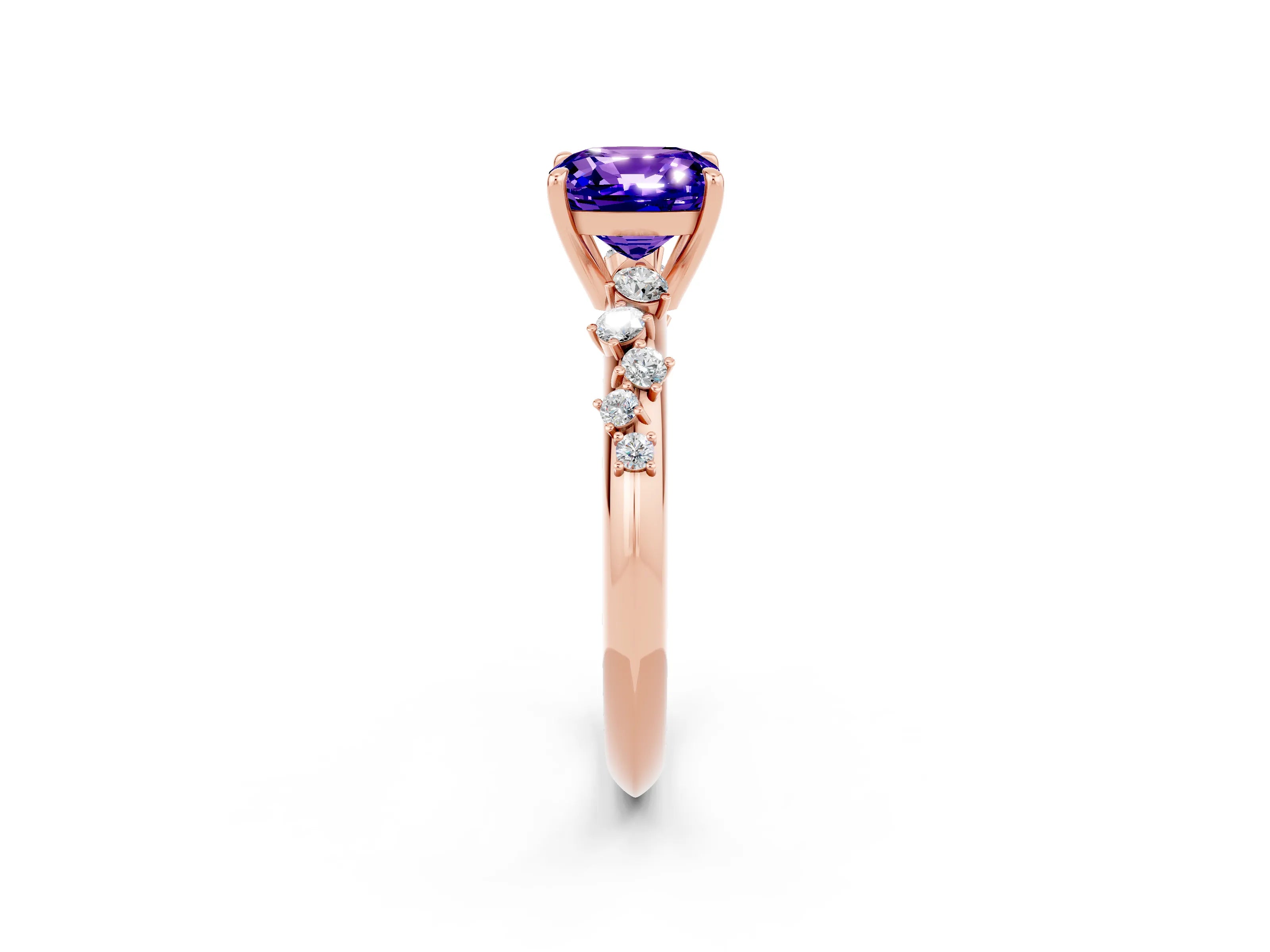 Rose gold Cushion Cut Tanzanite Cluster Side Stone Solitaire Ring with Prong Setting_26