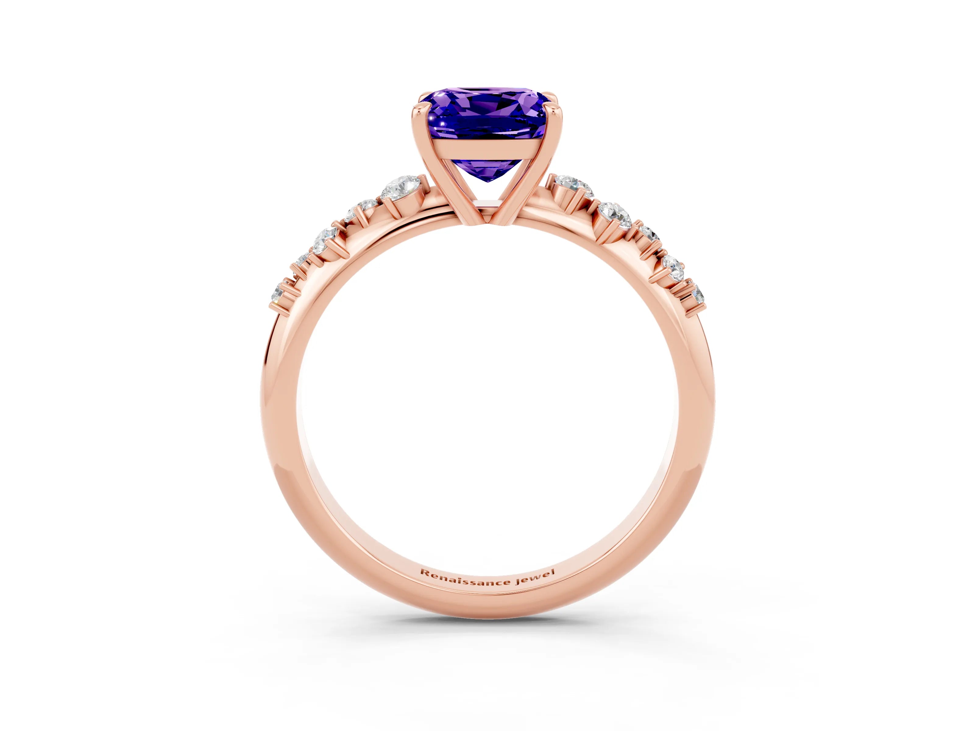 Rose gold Cushion Cut Tanzanite Cluster Side Stone Solitaire Ring with Prong Setting_27