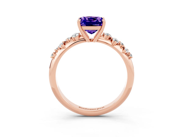 Rose gold Cushion Cut Tanzanite Cluster Side Stone Solitaire Ring with Prong Setting