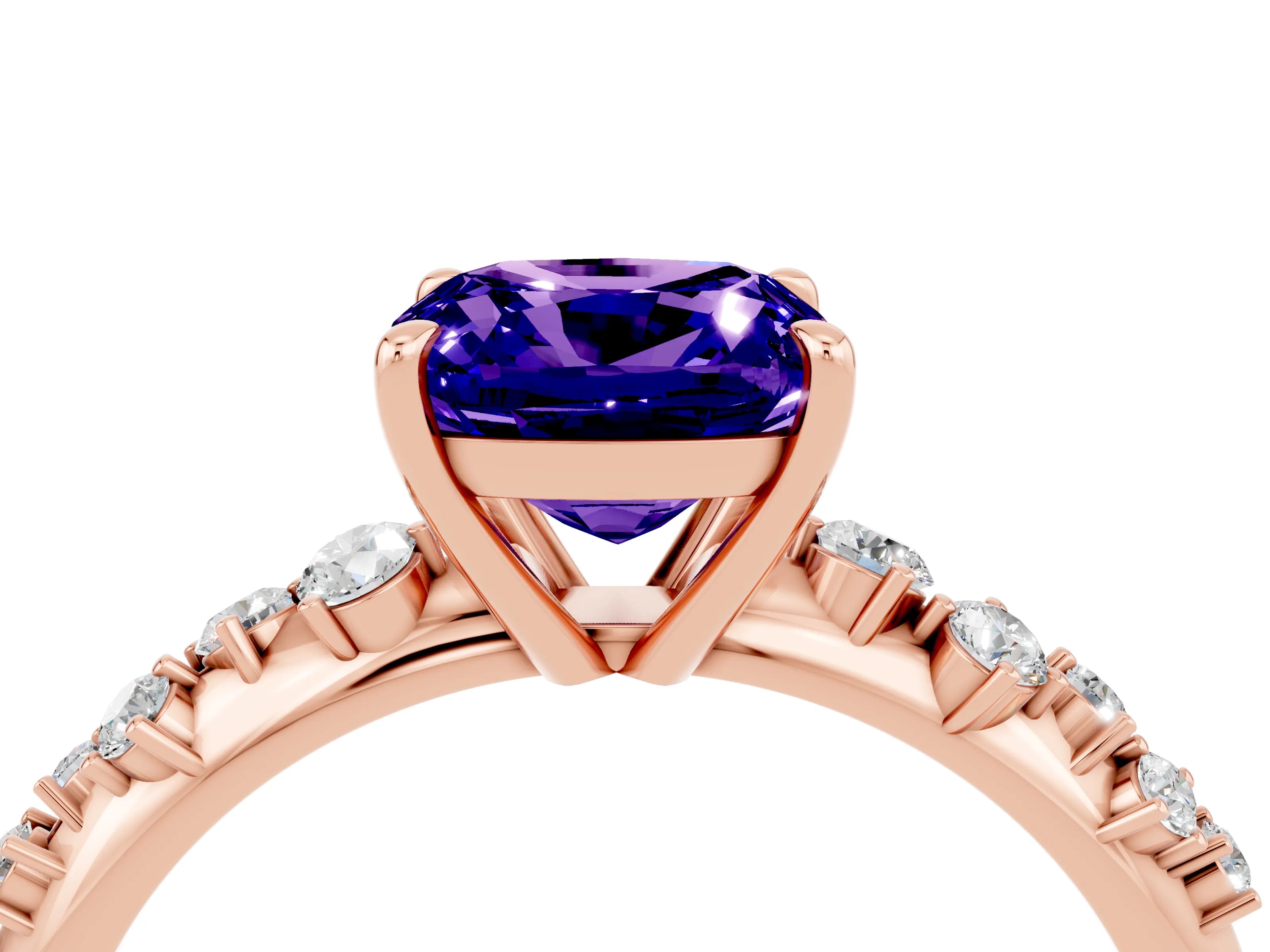 Rose gold Cushion Cut Tanzanite Cluster Side Stone Solitaire Ring with Prong Setting_28