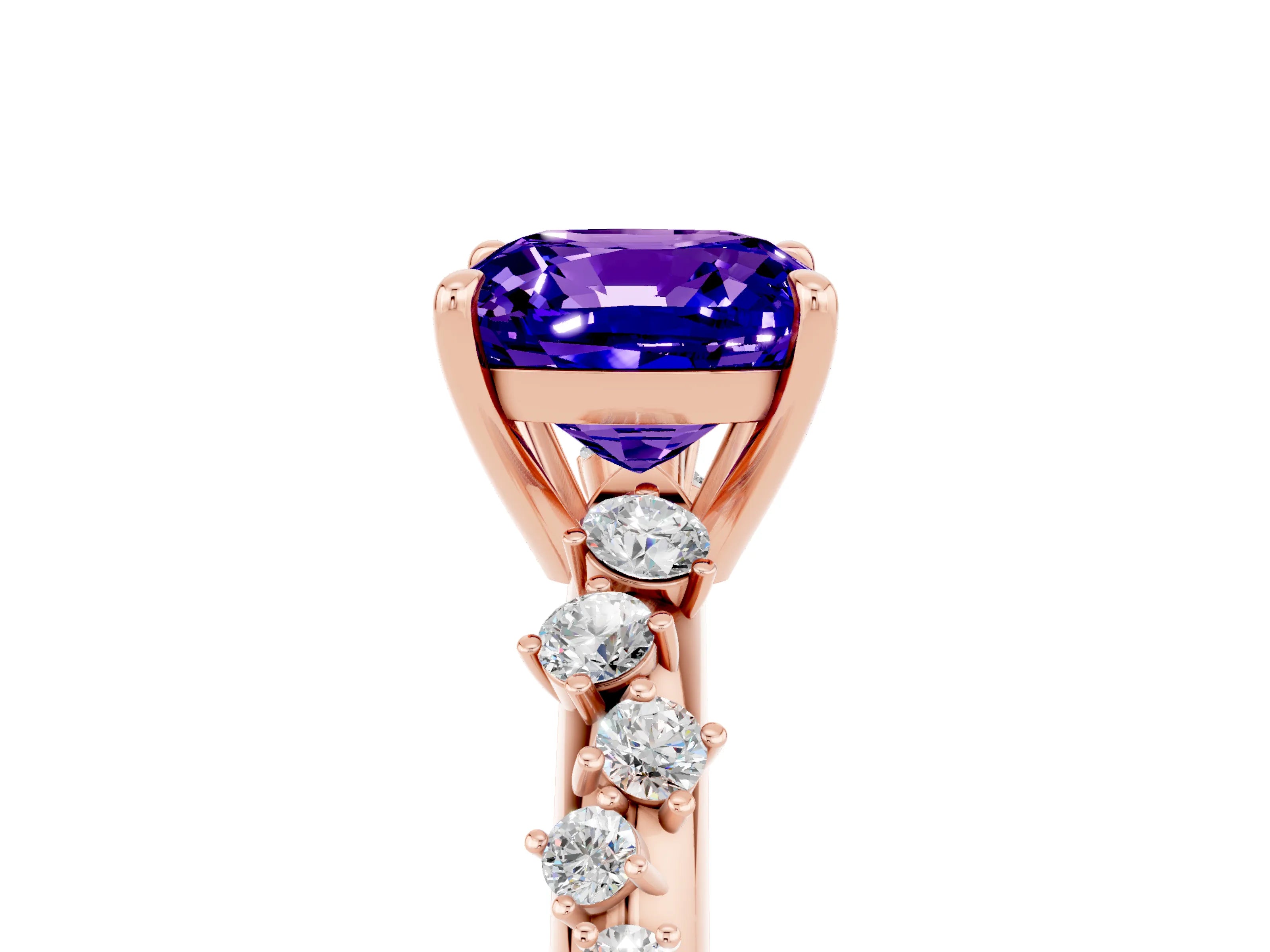Rose gold Cushion Cut Tanzanite Cluster Side Stone Solitaire Ring with Prong Setting_29