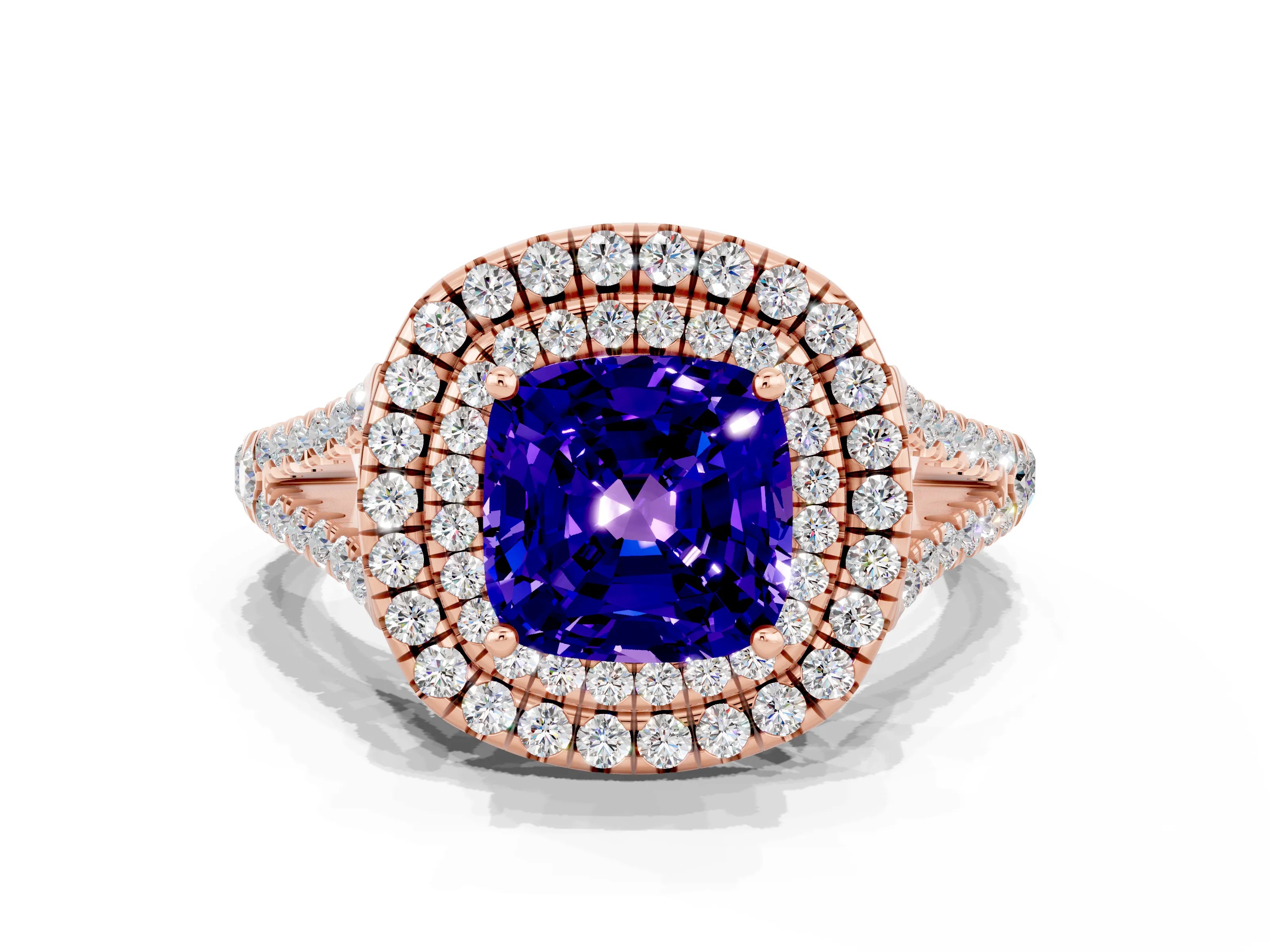 Rose gold Cushion Cut Tanzanite Double Halo Ring with Pavé Band and Prong Setting_12