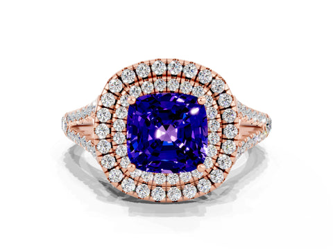 Rose gold Cushion Cut Tanzanite Double Halo Ring with Pavé Band and Prong Setting_12