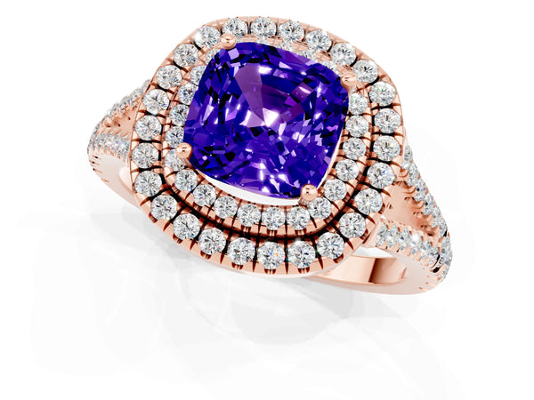 Rose gold Cushion Cut Tanzanite Double Halo Ring with Pavé Band and Prong Setting