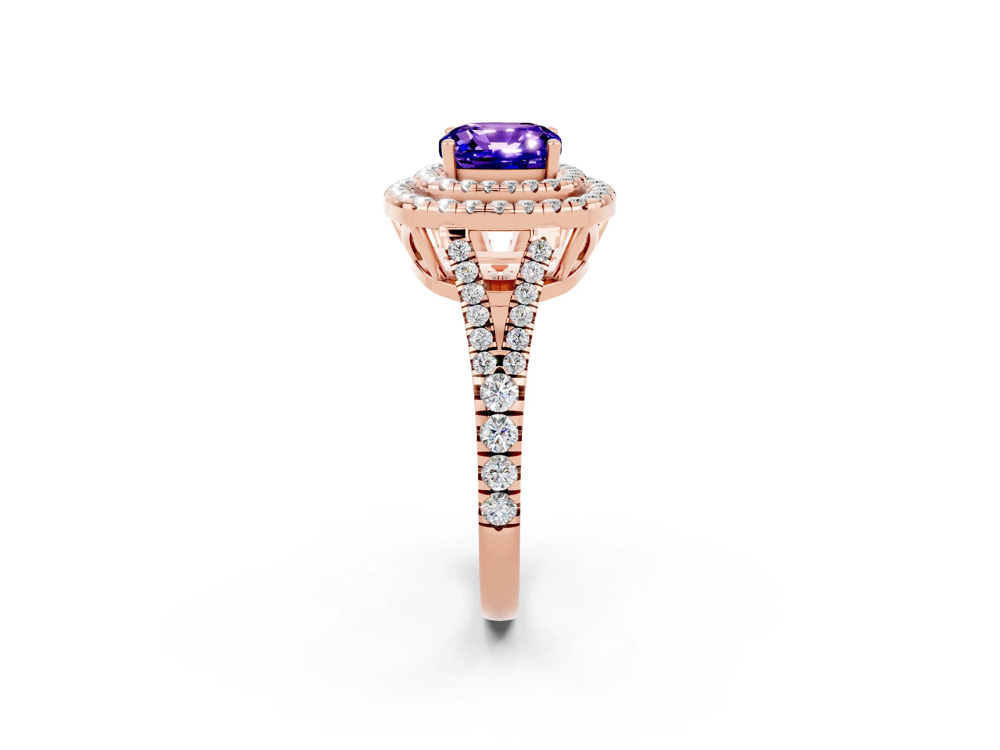 Rose gold Cushion Cut Tanzanite Double Halo Ring with Pavé Band and Prong Setting_14