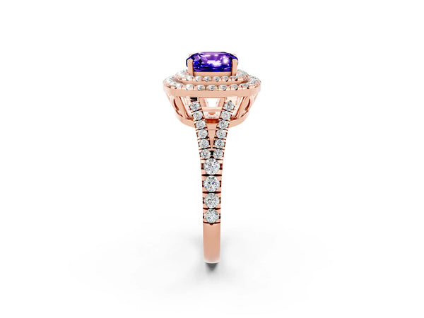 Rose gold Cushion Cut Tanzanite Double Halo Ring with Pavé Band and Prong Setting