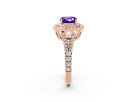 Rose gold Cushion Cut Tanzanite Double Halo Ring with Pavé Band and Prong Setting_14