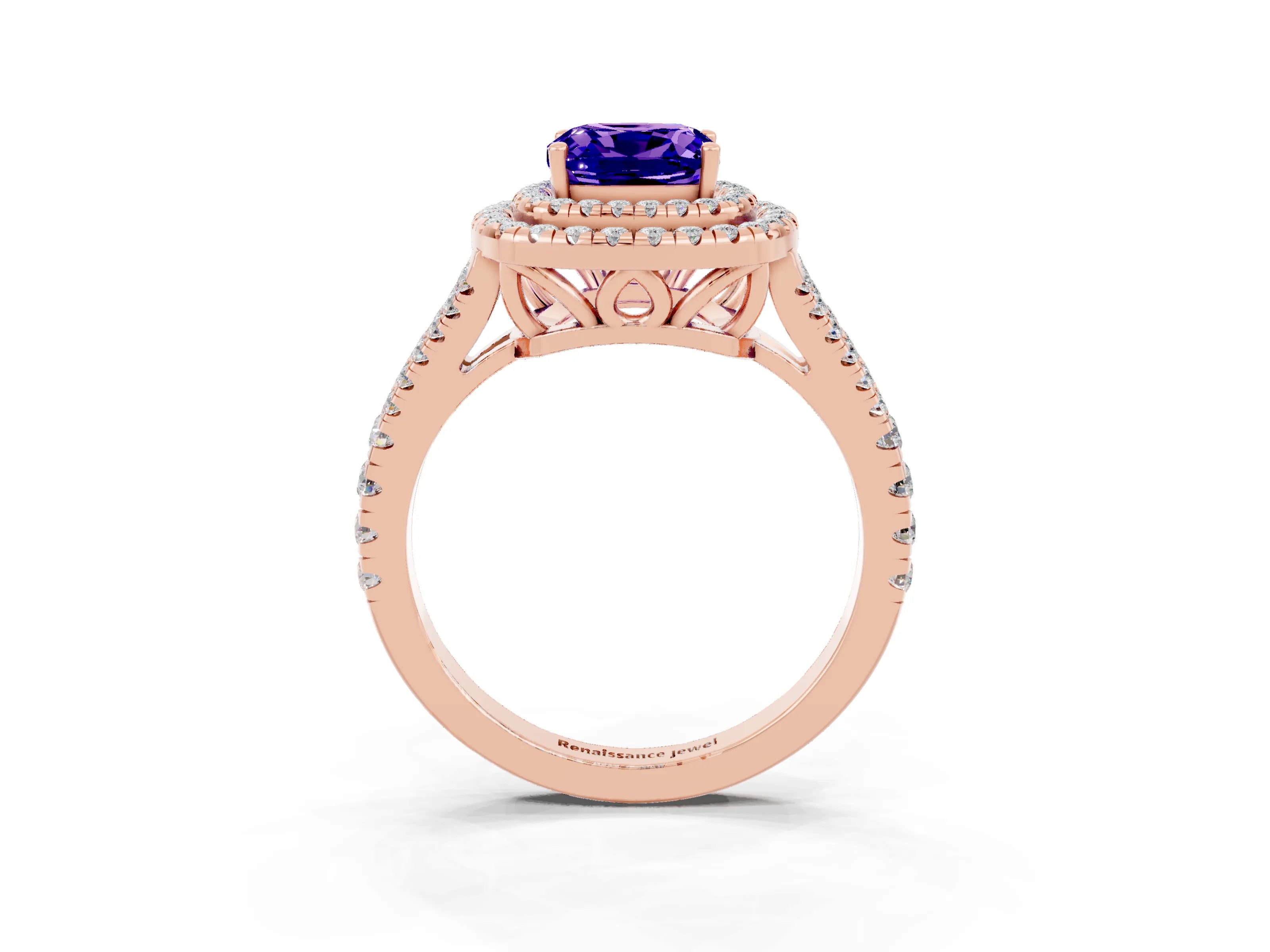 Rose gold Cushion Cut Tanzanite Double Halo Ring with Pavé Band and Prong Setting_15